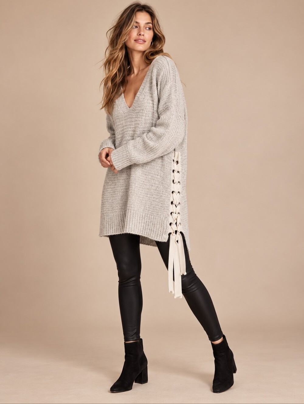 FREE PEOPLE Women's Tunic Sweater XS Lace Up Side‎ Long Sleeve Gray Boho